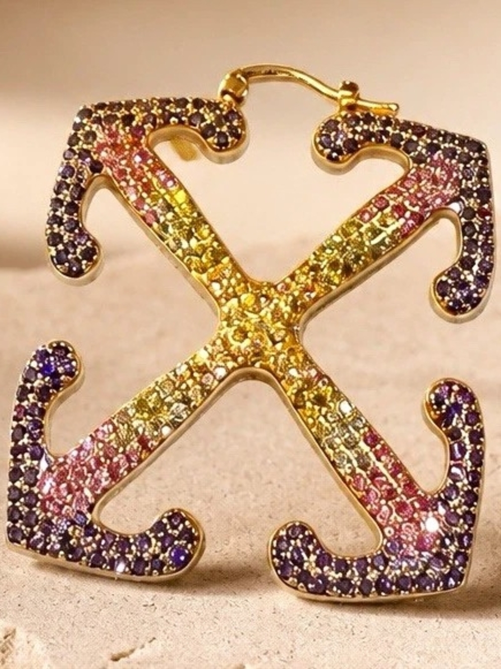 Off-White Cross Stud Earrings Crystal Pavé Rhinestone Gold Purple Pink